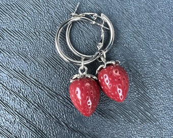 Red ceramic strawberry hoop earrings