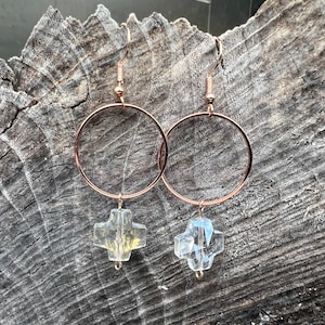 Rose gold hoop and Czech glass cross earrings