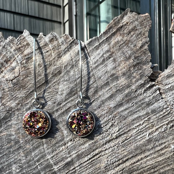 Bronze glitter faux druzy and stainless earrings