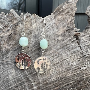 Cactus and moon earrings with sea foam Czech glass beads