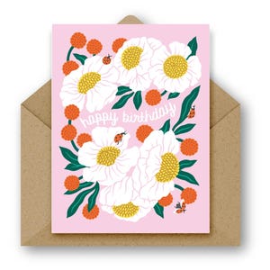 Ladybugs And Chrysanthemum Flowers Birthday Greeting Card