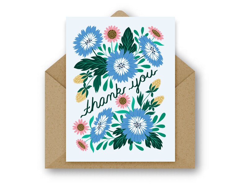 Illustrated Thank You Floral Greeting Card - Etsy