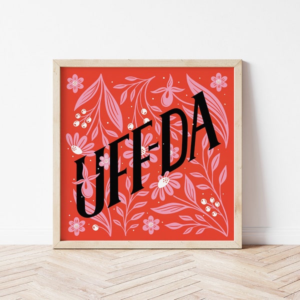 Red Minnesota Uff-Da Folk Art Floral 10"x10" Illustrated Poster Wall Print