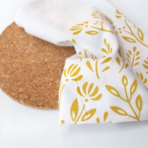 Mustard Gold Scandinavian Floral Flour Sack Kitchen Tea Towel