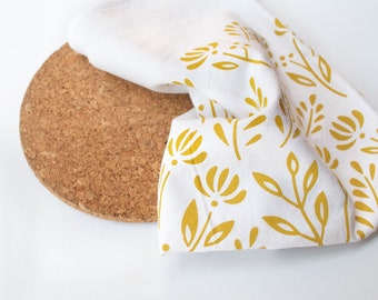 Mustard Gold Scandinavian Floral Flour Sack Kitchen Tea Towel