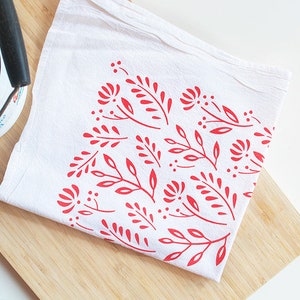 Red Scandinavian Floral Flour Sack Kitchen Tea Towel