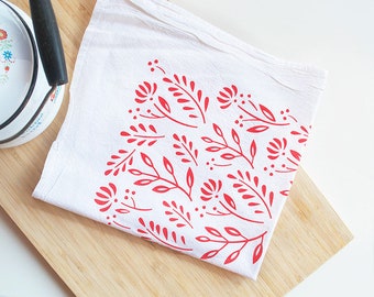 Red Scandinavian Floral Flour Sack Kitchen Tea Towel