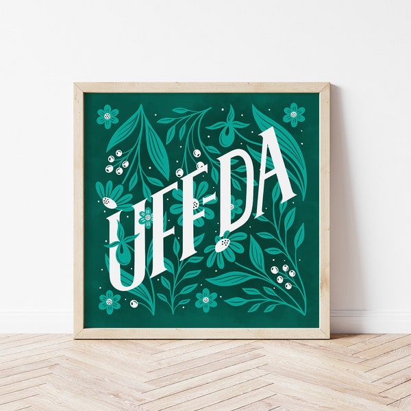 Green Minnesota Uff-Da Folk Art Floral 10"x10" Illustrated Poster Wall Print
