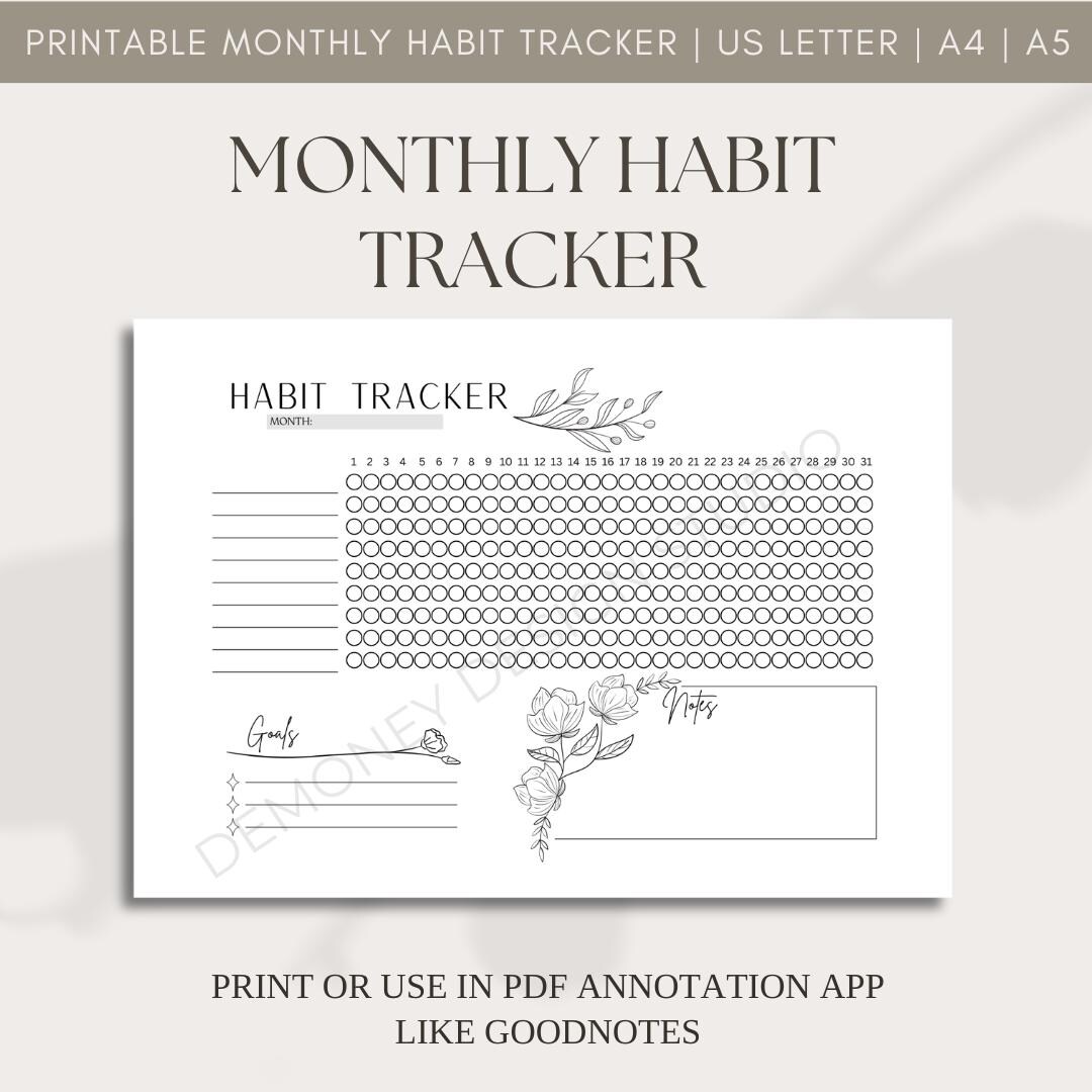 Minimal Monthly Habit Tracker Printable PDF | A4 A5 US Letter Planner ...