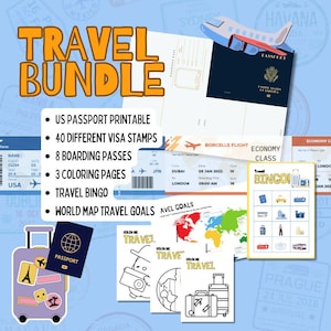 US Passport for Kids Pretend Play Kit with Stamps, Travel Bingo & World Map – Travel Activity Bundle for Children