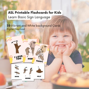 ASL flashcards for kids, Learn sign language for children, 30 Vibrant and White background Montessori-Inspired Cards, Basic sign language