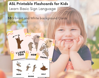ASL flashcards for kids, Learn sign language for children, 30 Vibrant and White background Montessori-Inspired Cards, Basic sign language
