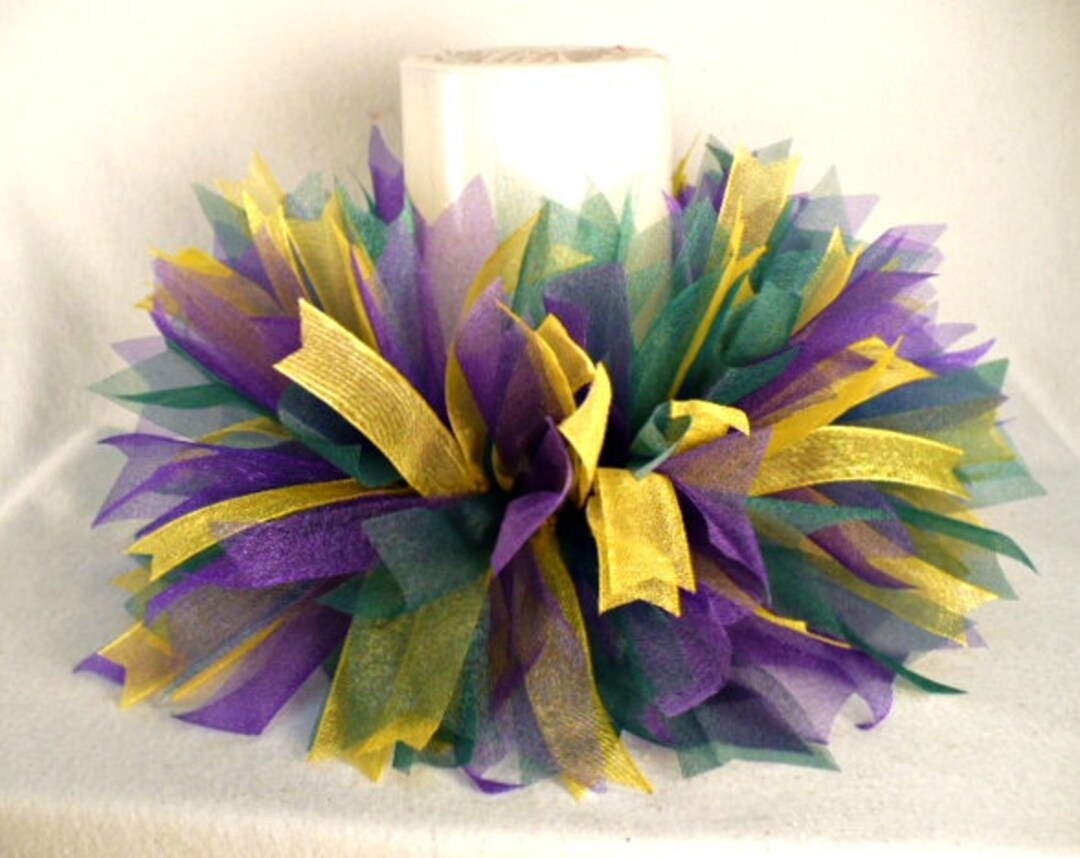 Purple Green Yellow Tones Ribbon Candle Ring, Mardi Gras Tones Ribbon