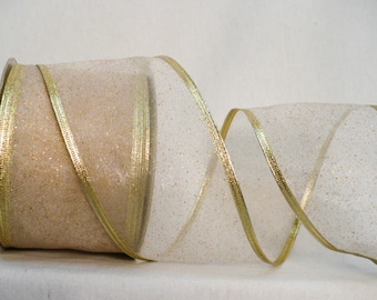 Sheer Gold Glitter Wired Ribbon, Off White Metallic (2.5" x 20 Yards)