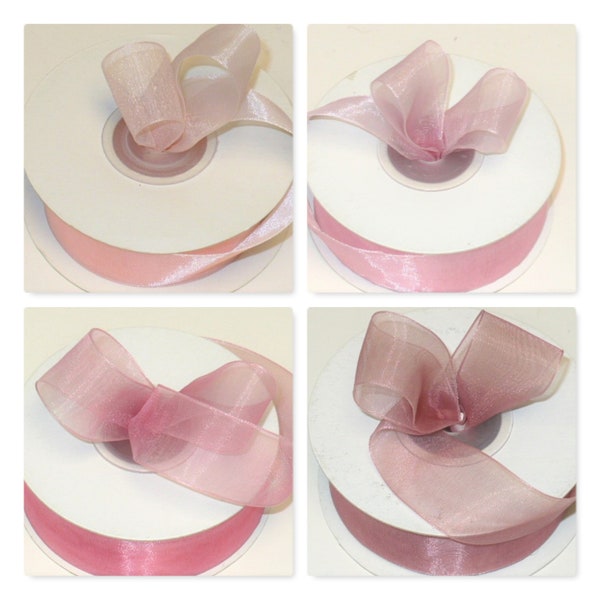 Sheer 1" peach sheer organza, rose quart, lily pink, mauve sheer nylon organza ribbon, nylon sheer organza nylon edge 1" x 25 yards.