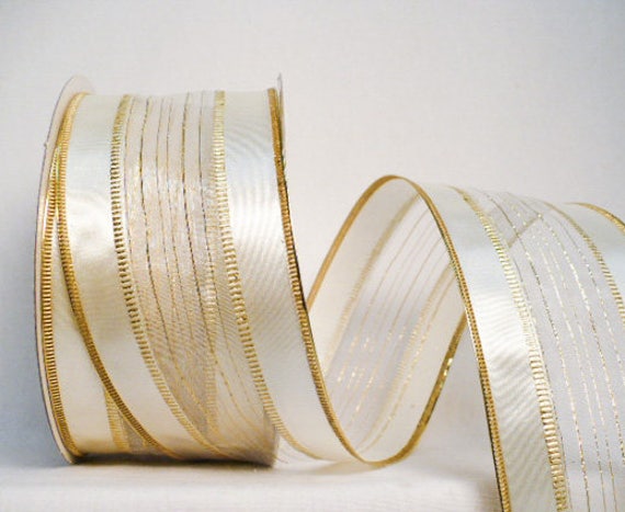 Wide Ribbon Cream Gold Two Tones Satin Wired, Design Cream Satin