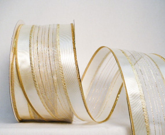 Wide ribbon cream gold two tones satin wired, design cream satin color  sheer metallic gold wired, cream satin sheer 2.5 x 20 yards