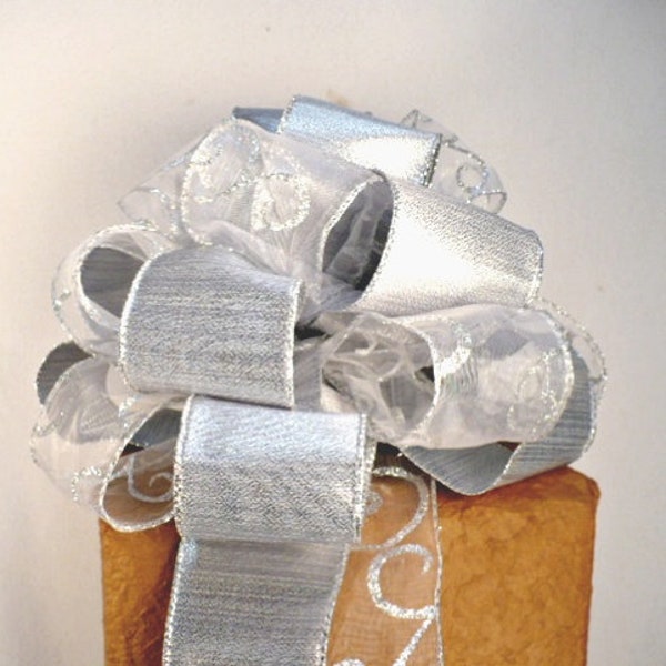 Silver sheer swirl silver white glitter tree topper, silver tree top, white silver tree bow, large gift bow.