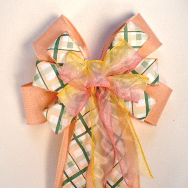 Peach green cream yellow pink tones wreath bow, peach green cream plaid summer wreath bow, green peach cream wreath bow.