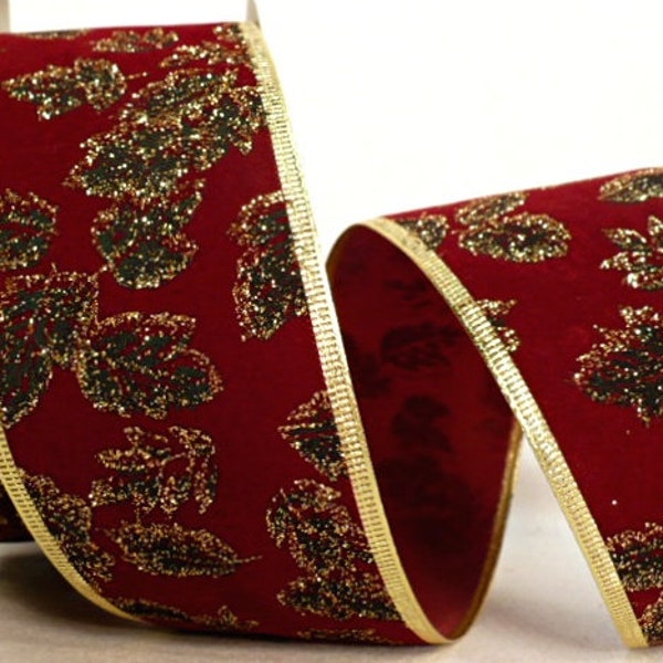 Velvet burgundy tone designed green leaves gold glitter around metallic gold wired, Christmas wired ribbon, 2.5" x 9 yards