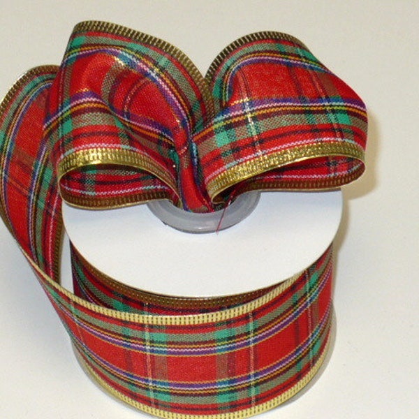 Tartan Christmas plaid ribbon wired, red green blue gold tone plaid wired ribbon, wreath ribbon, holiday ribbon wired 2" x 10 yards.