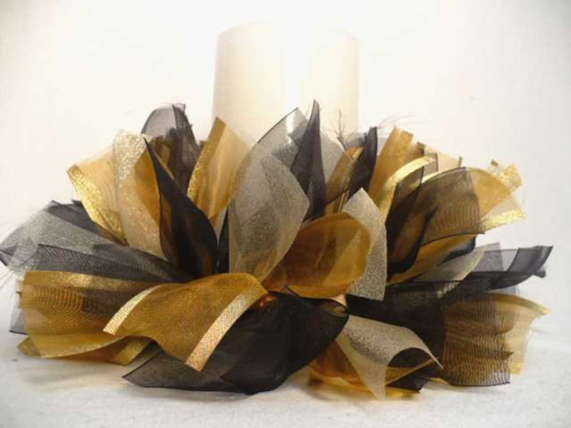 Black Gold Tone Ribbon Candle Ring Ribbon Candle Wreath Etsy
