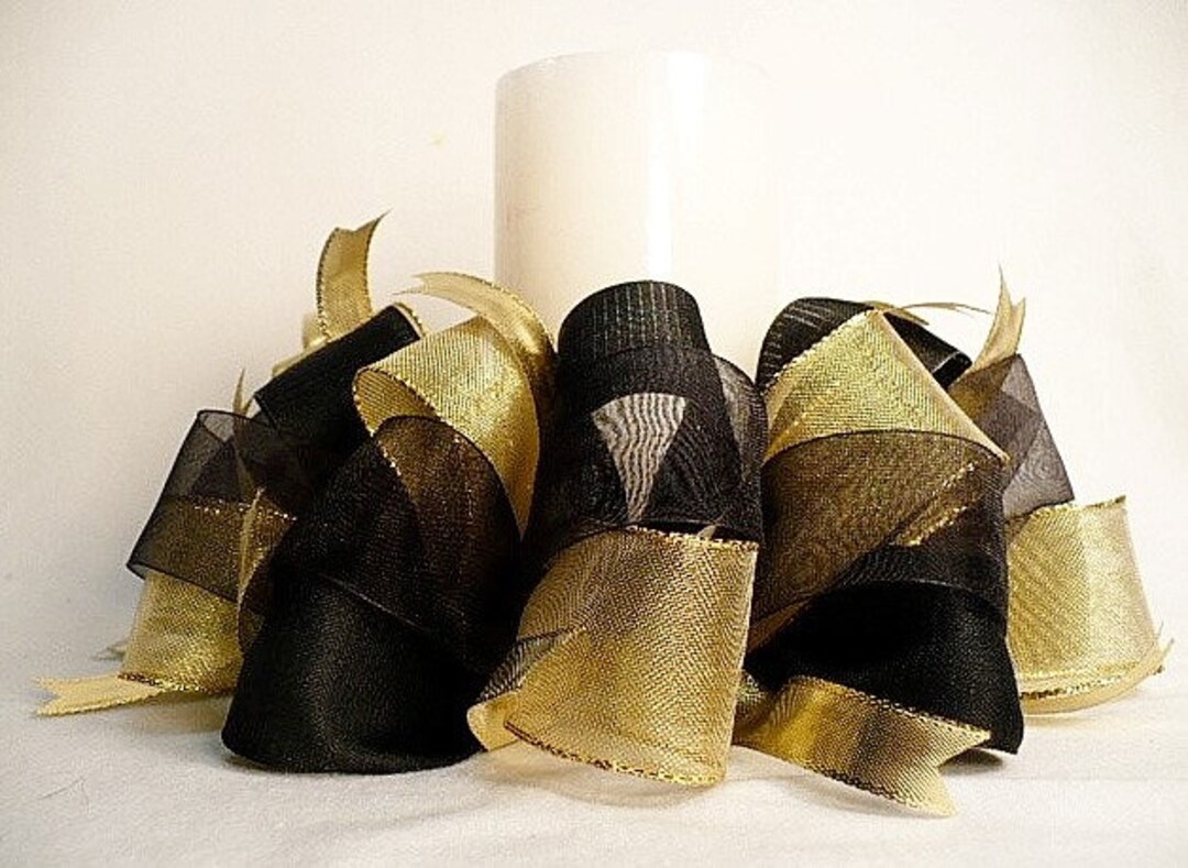 Gold Black Tone Ribbon Candle Ring, Black Gold Tone Ribbon Candle