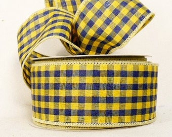 Blue/yellow wired ribbon, blue gingham, blue yellow check wired ribbon, wired ribbon checker blue/yellow, size 2" wide, 9.5 yards.