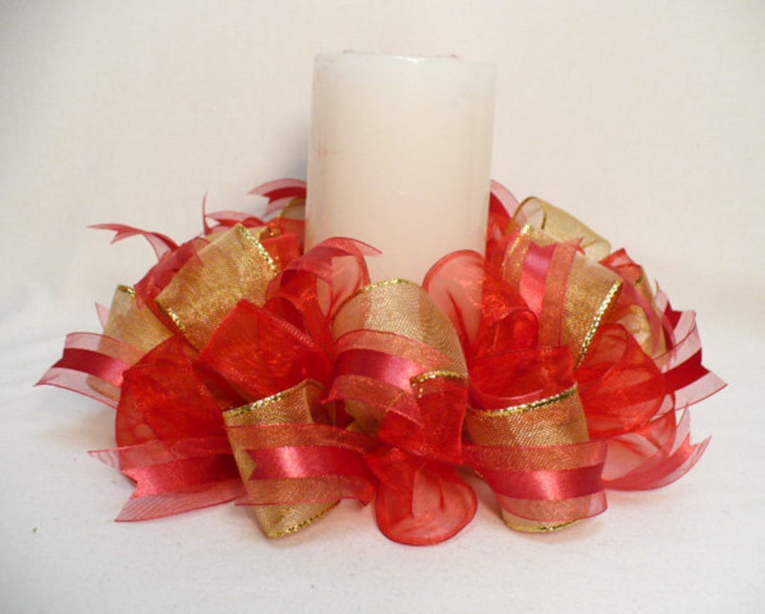 Red Gold Candle Ring, Gold Red Ribbon Candle Wreath, Holiday Center