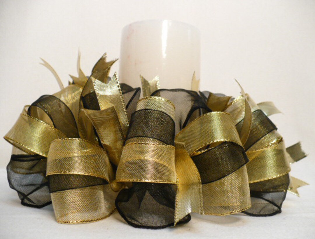 Black Gold Tones Ribbon Candle Ring, Candle Ring Wreath, Wedding Candle