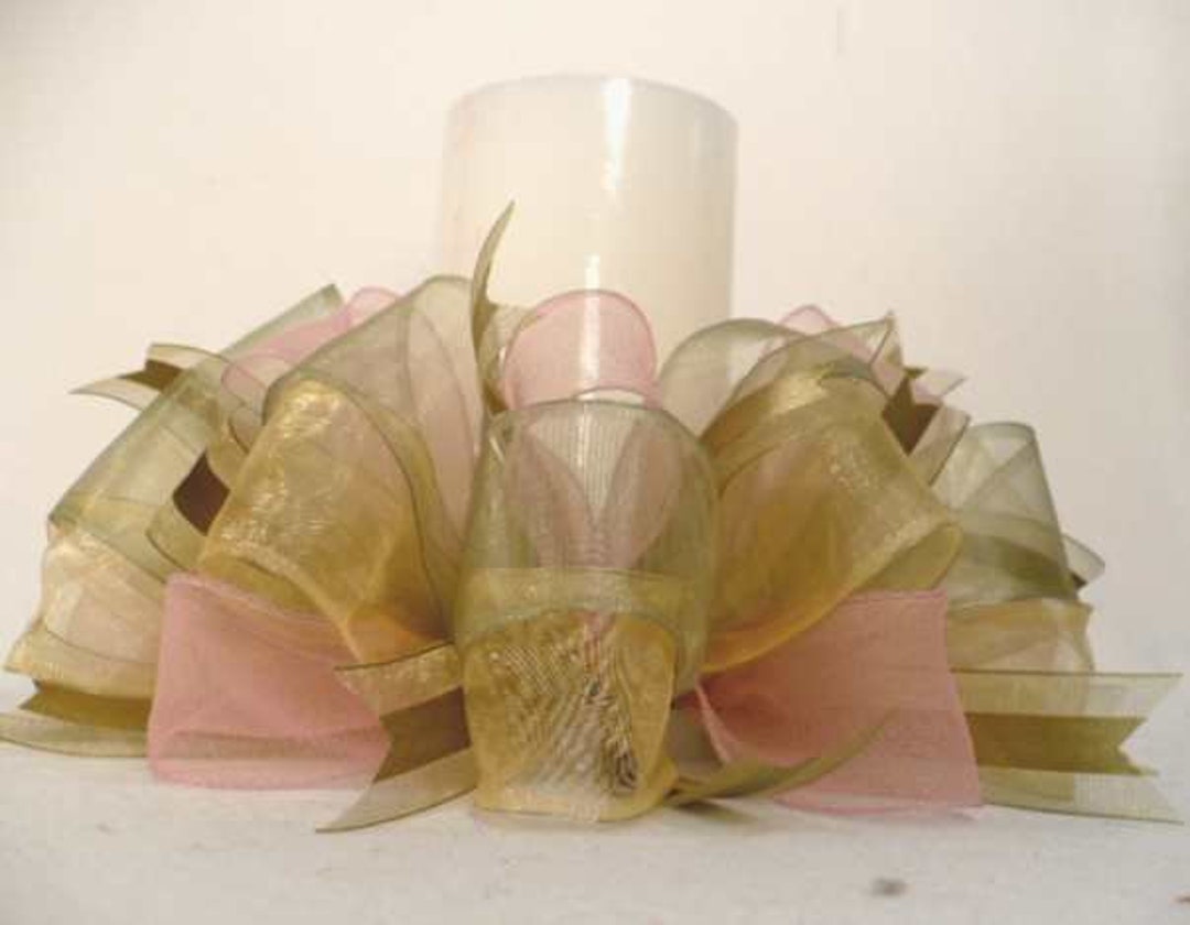 Ribbon Candle Ring, Pink Moss Green Gold Tone Ribbon Candle Ring