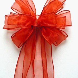Red sheer iridescent wedding decorate bows, wedding red pew bow, red wreath bow, wedding gift bow.