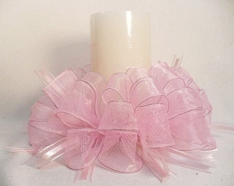 Pink tone ribbons candle ring, ribbon candle ring for pillar candle, wedding center decor, everyday candle ring.