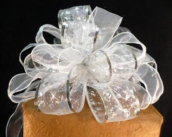 Sheer White Christmas Tree Topper Bows, Silver Stars, 10 inch