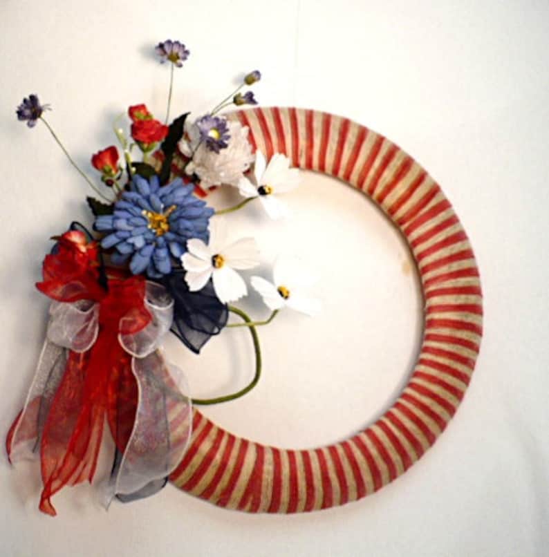 wall decor. front door wreath rednatural ribbon jute wrapped frame wreath 4th July ribbon wreath patriotic wreath summer wreath