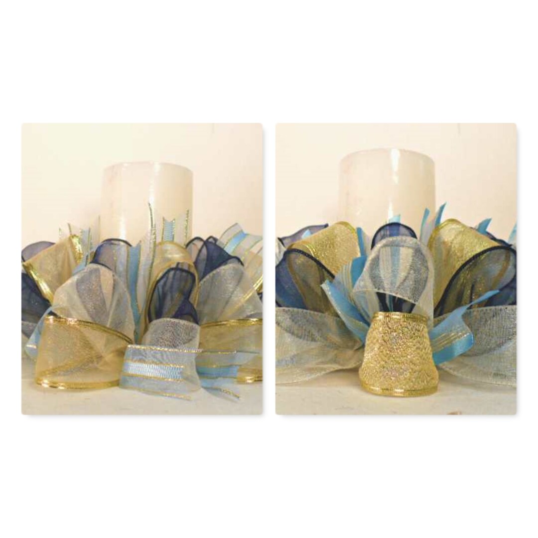 Navy Gold Cream Turquoise Tone Ribbon Candle Ring, Candle Ring Wreath