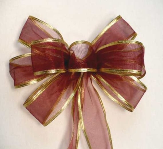Set of 4 burgundy gold bows, medium sheer burgundy/gold bow, burgundy gold  bow, wreath bow, gift bow, decor bow.