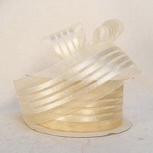 Ivory satin stripes sheer organza, cream wedding ribbon, ivory gift wrap, everyday ribbon 25Yards.