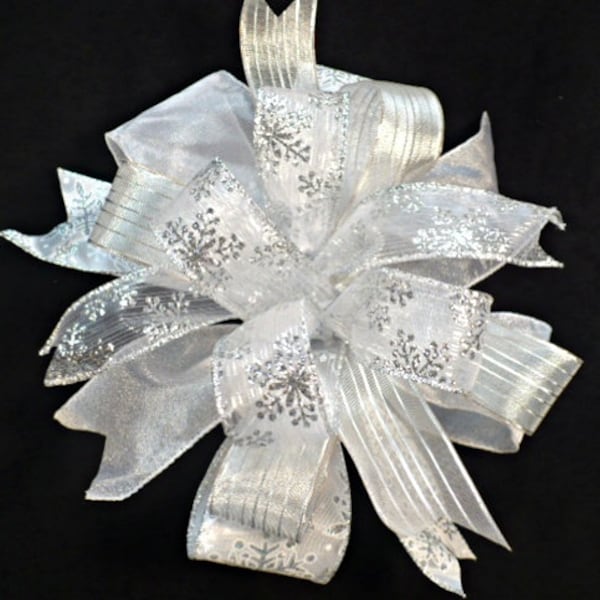 Silver white Christmas wreath bow, white silver tones wreath bow, wedding decor bow, holiday tree/gift/lantern/decor bow.