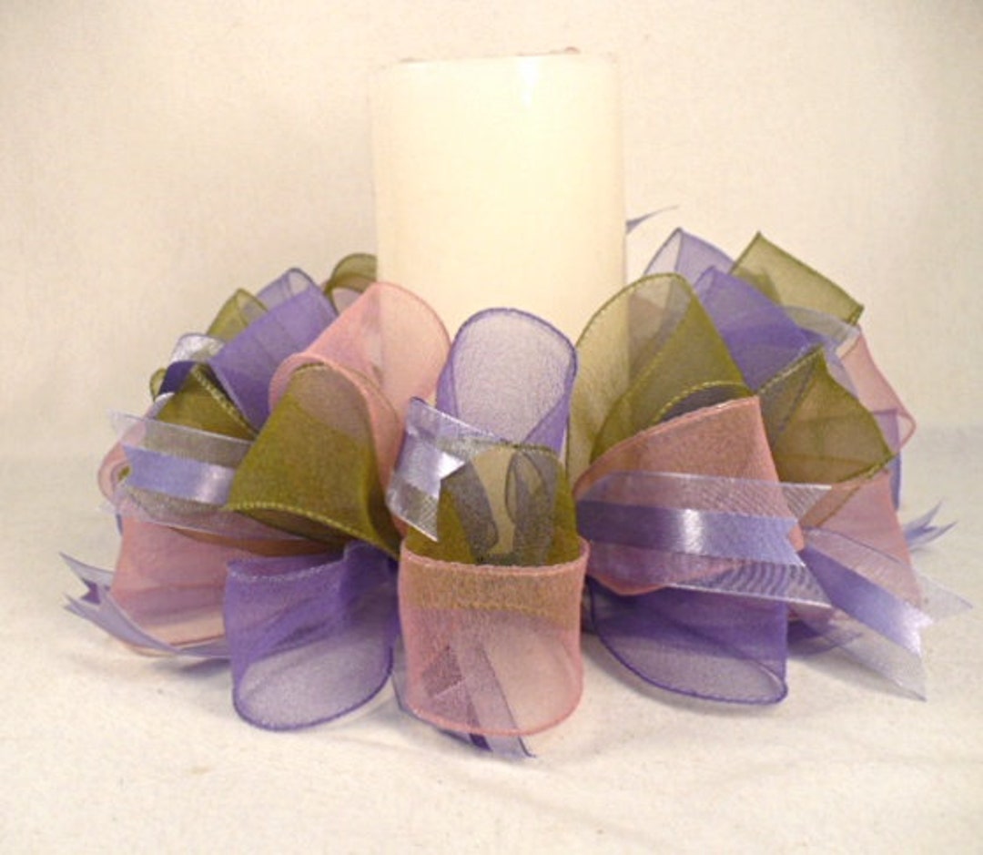 Purple Pink Green Ribbon Candle Ring, Ribbon Candle Ring Wreath