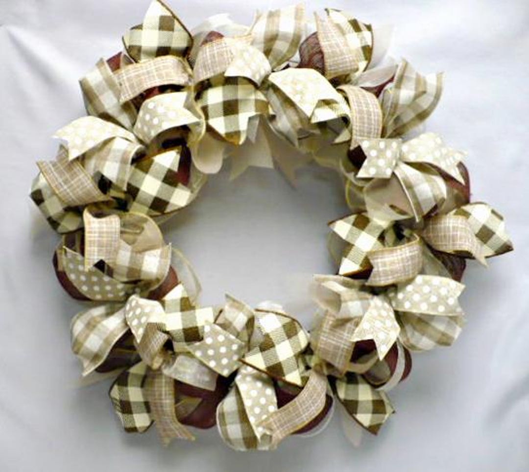 Rustic Flower Ribbon Farmhouse Ribbon Wreath, Rustic Ribbon Wreath, Country Brown Beige Tan ...