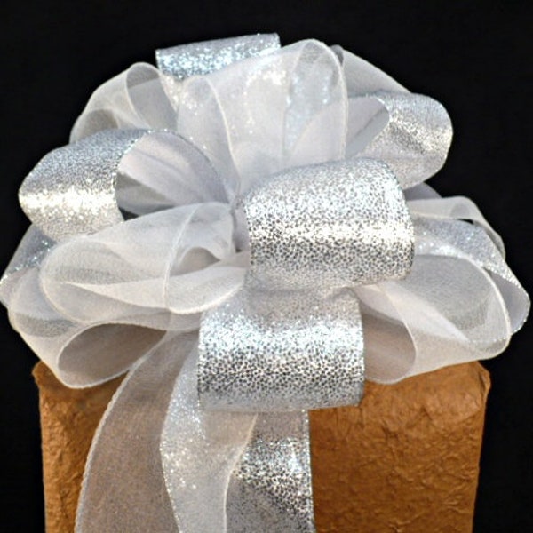 Silver white silver tree topper, white silver Christmas tree top, big bow, decorate bow, gift bow, wedding bow.