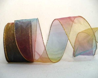 Rainbow sheer ribbon, sheer rainbow metallic gold wired, rainbow wired ribbon 2.5&quot; x 20 yards.