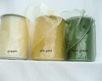 5&quot; wide sheer gold wired wedding ribbon, 5&quot; wide sheer green, gold and cream tone sheer wired, decorating ribbon wired 5&quot; x 20 yards