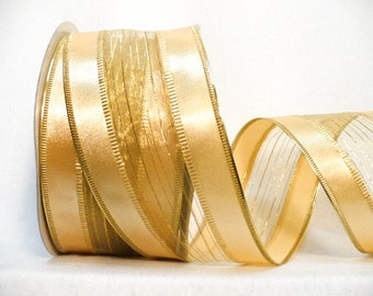 Gold Satin Ribbon, Sheer Metallic Wired Edge, 2.5" x 20 Yards