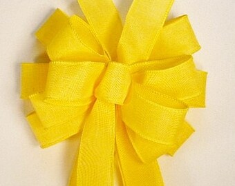 Yellow Faux Burlap Wired Wreath Bow, Hand-Tied Linen