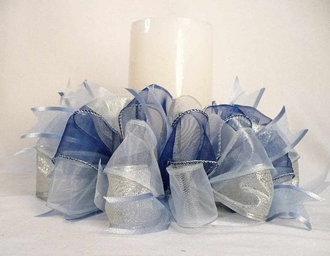 Blue Silver Tones Ribbon Candle Ring Candle Ring Wreath Etsy