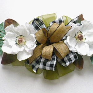 Horizontal large magnolia swag,  lamb ear farmhouse magnolia swag, white magnolia swag wreath, everyday swag, ribbon door swag.