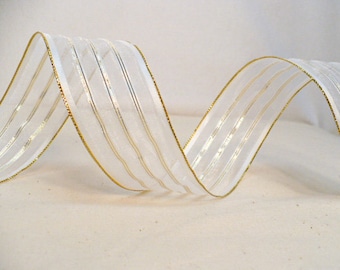 White gold lines wired ribbon, wedding ribbon, white with multiple gold line metallic gold wired edge 1.5&quot; x 25 yards.
