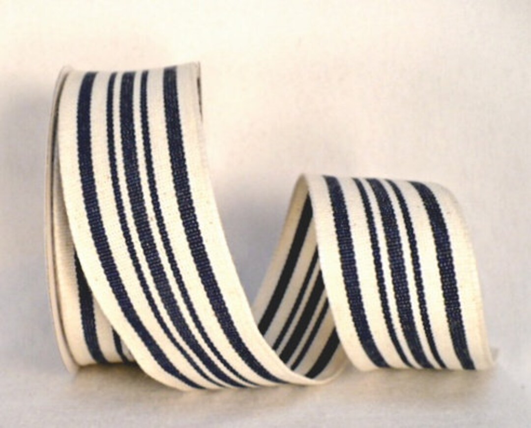 1.5 French Ticking Stripe Ribbon: Ivory & Navy (10 Yards)